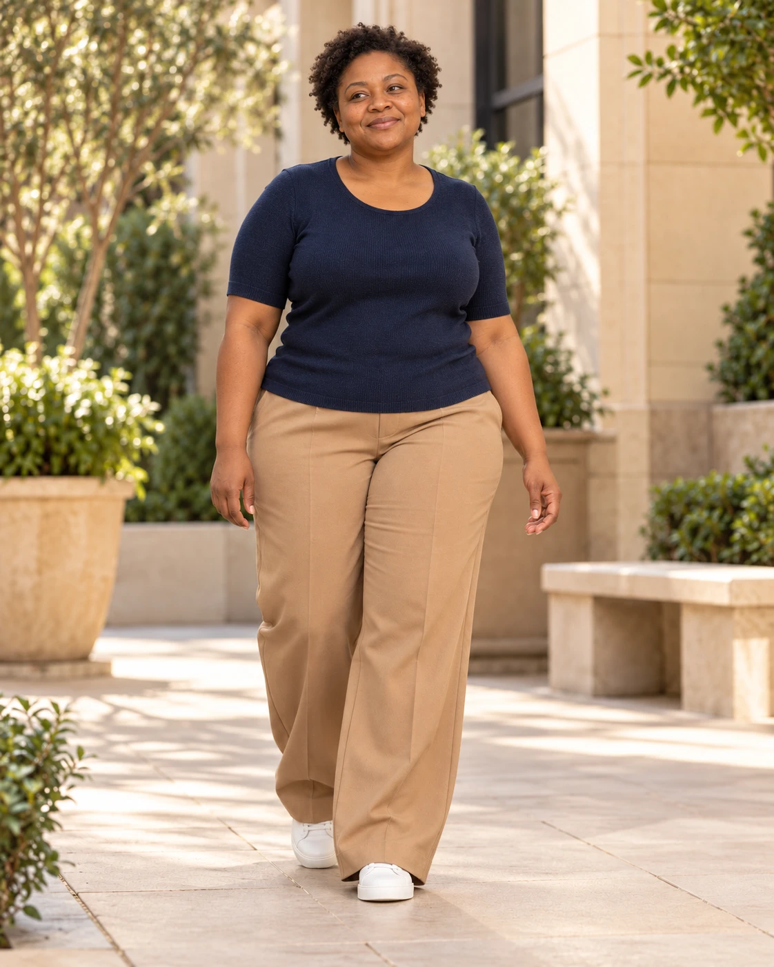 Woman with fuller hips wearing camel wide-leg trousers and a navy top.